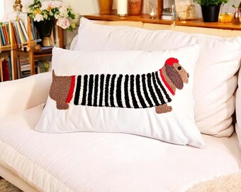 Dachshund Punch Needle Lumbar Pillow Cover, Striped Sausage Dog Cushion, Textured Tufted Accent