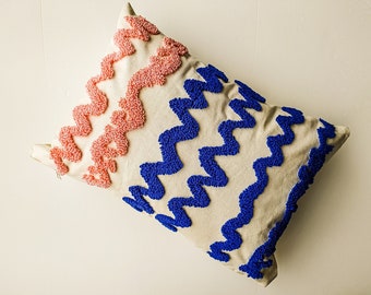 Blue and Pink Punch Needle Lumbar Pillow Case, Abstract Swirl Handmade Cushion Cover, Eclectic Decor