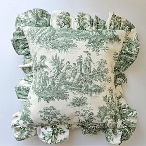 Green Toile Ruffle Pillow, French Country Cushion Cover, Cottagecore Decor, Farmhouse Accent Pillow