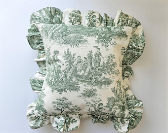 Green Toile Ruffle Pillow, French Country Cushion Cover, Cottagecore Decor, Farmhouse Accent Pillow
