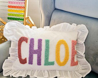 Custom Name Ruffle Pillow, Colorful Embroidered Nursery Decor