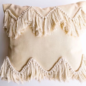 Beige Zig Zag Boho Cotton Pillow with Macrame Tassels, Boho Throw Cushion Cover, Home Decor image 1