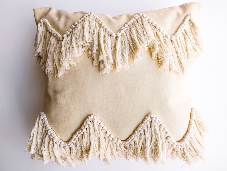 Beige Zig Zag Boho Cotton Pillow with Macrame Tassels, Boho Throw Cushion Cover, Home Decor image 1