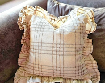 Neutral Beige Plaid Ruffle Cotton Pillow, Farmhouse Cottage Home Decor