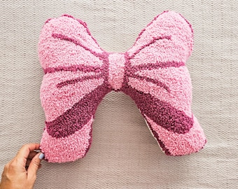 Handmade Tufted Bow Pillow in Pink Plush Textures, Cozy Decorative Cushion