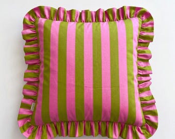 Pink and Green Striped Ruffle Pillow Cover, Preppy Eclectic Decor, Bold Maximalist Cushion Case