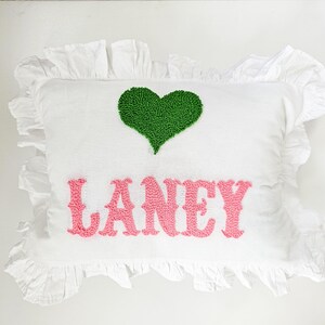 Heart Icon Personalized Punch Needle Ruffle Name Pillow Case, Cottagecore Decor, Gift for Mom, Customized Baby Gift, Nursery decor