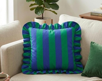 Blue and Green Striped Ruffle Pillow Cover, Modern Accent Cushion Case, Eclectic Decor