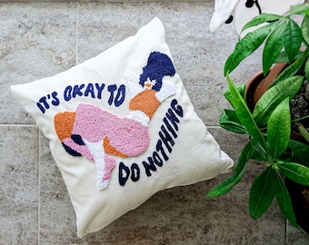 Punch Needle Eclectic Pillow Cover, Handmade Cotton Slogan Decor