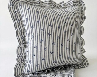 Blue Stripe Linen Pillow Cover, Ruffled Floral Cushion, Cottagecore French Country Home Decor