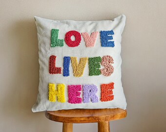 Punch Needle &#39;Love Lives Here&#39; Throw Pillow Case, Valentine&#39;s Pillow