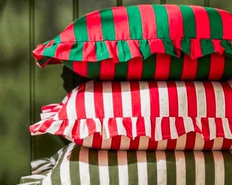 Striped Ruffle Christmas Pillow Cover, Linen Holiday Cushion