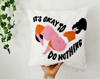 Handmade Punch Needle Orange and Pink Pillow, Funny Throw Pillow Case, Gift for Women, Eclectic Decor