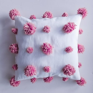 Pink Pom Pom Cotton Throw Pillow Case, Pink Room Decor, Pompom Accent Pillow, Gift for Besties
