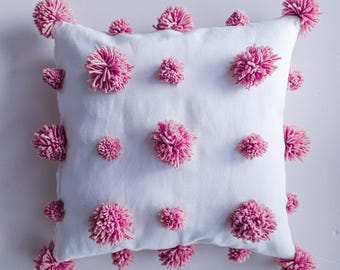 Pink Cotton Throw Pillow Cover with Wool Pom Poms: Boho Home Decor