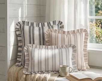 Linen Stripe Ruffle Pillow Cover, Farmhouse French Country Decor, Custom Cushion