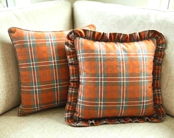 Plaid Ruffle Autumn Pillow Cover, Orange Brown Fall Decor, Cozy Halloween Cushion Case