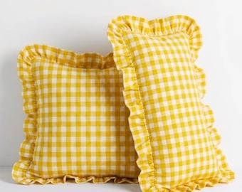 Yellow Gingham Ruffle Pillow Cover, Linen Cushion, Cottagecore Farmhouse Decor