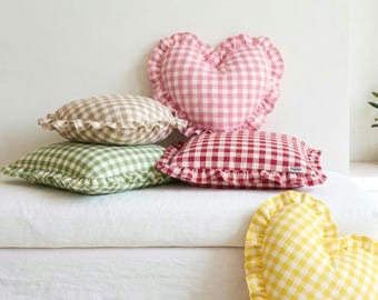 Ruffled Gingham Heart Pillow, Cottagecore Heart Cushion, Romantic Farmhouse Decor
