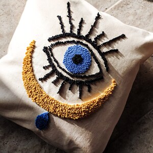 Punch Needle Evil Eye Cotton Pillow Case, Handmade Evil Eye Home Decor