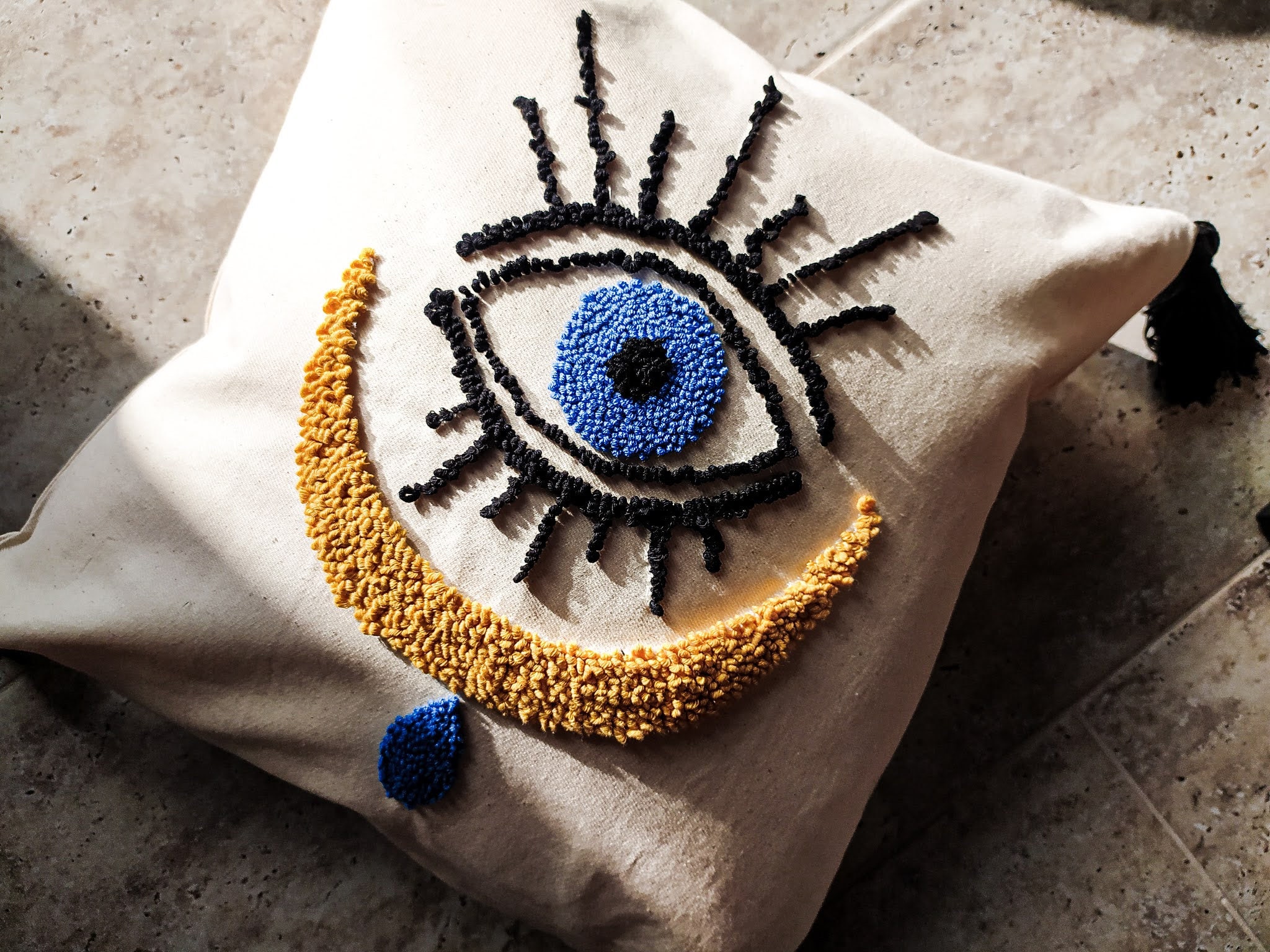 Punch Needle Evil Eye Pillow Cover: Handmade Cotton Decor