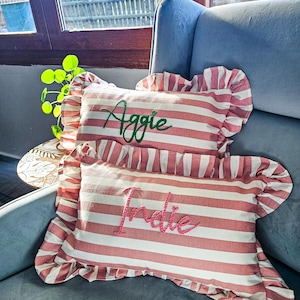 Personalized Name Ruffle Pillow Case, Custom Pink Striped Ruffle Nursery Room Pillow Cover, Decorative Name Pillow Gift