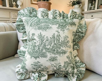 Green Toile Ruffle Pillow Cover, Romantic Cottagecore Frill Cushion, French Country Decor
