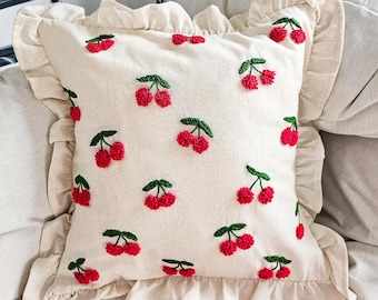 Cherry Ruffle Pillow, Punch Needle Cushion Cover, Cottagecore Decor, Romantic Home Decor