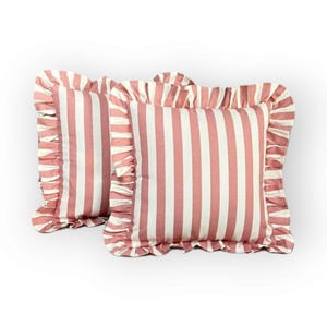 Pink Striped Pillow Cover with Ruffle Trim, Farmhouse Decorative Pink Cushion for Living Room, Pink Cozy Decor