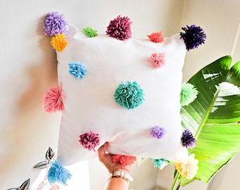 Neon Pom Pom Pillow Cover: Handmade Cotton Cushion, Colorful Decor