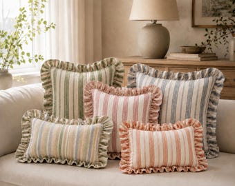 Striped Linen Ruffle Pillow Cover, Farmhouse Cushion, French Country Decor