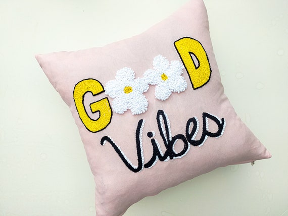 Handmade Punch Needle Pink good Vibes Pillow Case Daisy Cushion Cover Cozy Room Decor Pink Decor Etsy