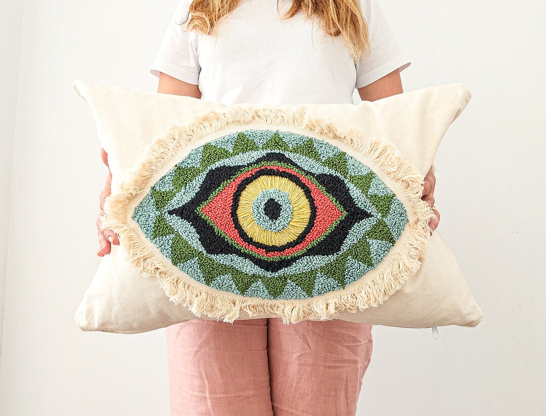 Evil Eye Punch Needle Lumbar Cotton Pillow Case With Tassel, Handmade