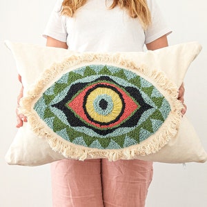 Evil Eye Punch Needle Lumbar Cotton Pillow Case with Tassel, Handmade Colorful Evil Eye Decoration, Evil Eye Art