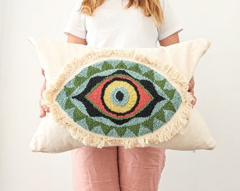 Evil Eye Punch Needle Lumbar Cotton Pillow Case with Tassel, Handmade Colorful Evil Eye Decoration, Evil Eye Art