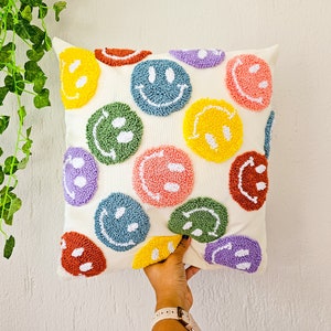 Smiley Face Emoji Punch Needle Pillow Case, Funny Design Pillow, Smiley Face decor