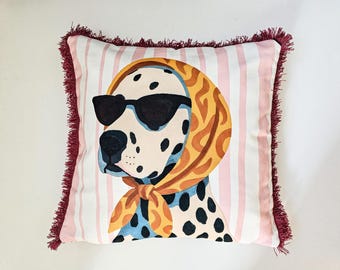 Dalmatian Dog Pillow Cover, Pink Striped Cushion with Tassel, Chic Dog Preppy Decor