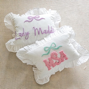 Bow Icon Personalized Ruffle Name Pillow Case, Custom Frill Slogan Pillow Cover, Nursery Gift, Custom Gift for her