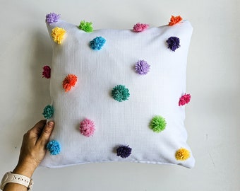 Colorful Neon Pom Pom Cotton Pillow Case, PomPom Cushion Cover, Personalized Pompoms