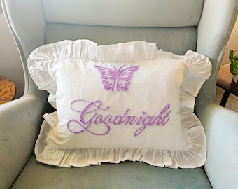 Embroidered Butterfly Name Pillow: Custom Ruffle Nursery Decor