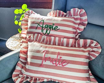 Personalized Kids Name Pillow with Ruffles, Custom Embroidered Striped Cushion