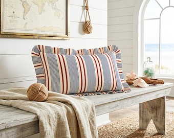 Blue Red Striped Ruffle Pillow Cover, Coastal Cushion, Beach House Decor, French Country Decor