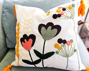 Handmade Punch Needle Floral Pillow Cover, Embroidery Boho Colorful Flowers, Farmhouse Pillow