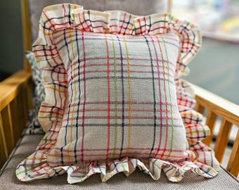 Bohemian Colorful Plaid Ruffle Preepy Throw Pillow, Linen Home Decor, For Mom Gift