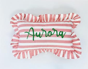 Personalized Striped Ruffle Pillow, Custom Name Embroidered Pink Lumbar Cushion, Nursery Decor