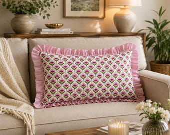 Pink Floral Ruffle Lumbar Pillow Cover, Retro Cottagecore Cotton Linen Home Decor