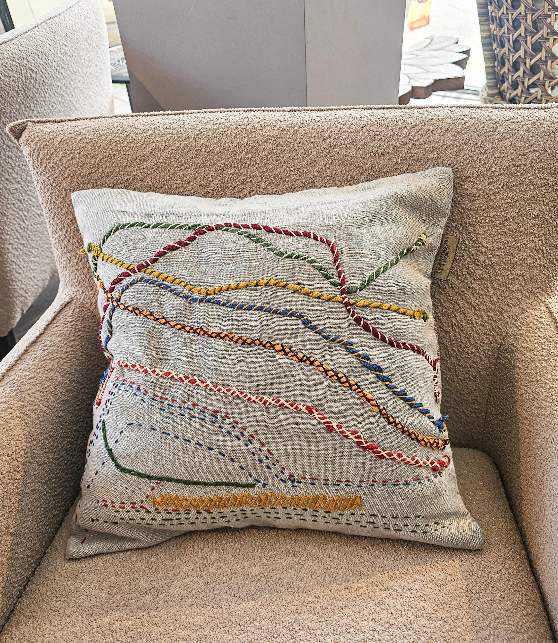 Hand Embroidered Linen Pillow: Abstract Stitchwork, Boho Throw Cushion