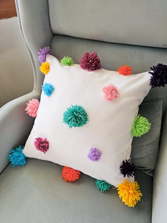 Neon Pom Pom Pillow Cover: Handmade Cotton Cushion, Colorful Decor