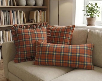 Orange Navy Plaid Pillow Cover, Fall Ruffle Cushion, Autumn Home Decor