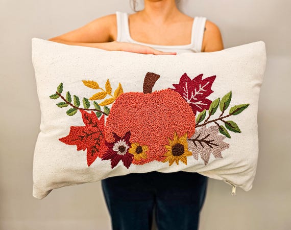 Floral Pumpkin Punch Needle Pillow Cover: Autumn Farmhouse Halloween Fall Decor